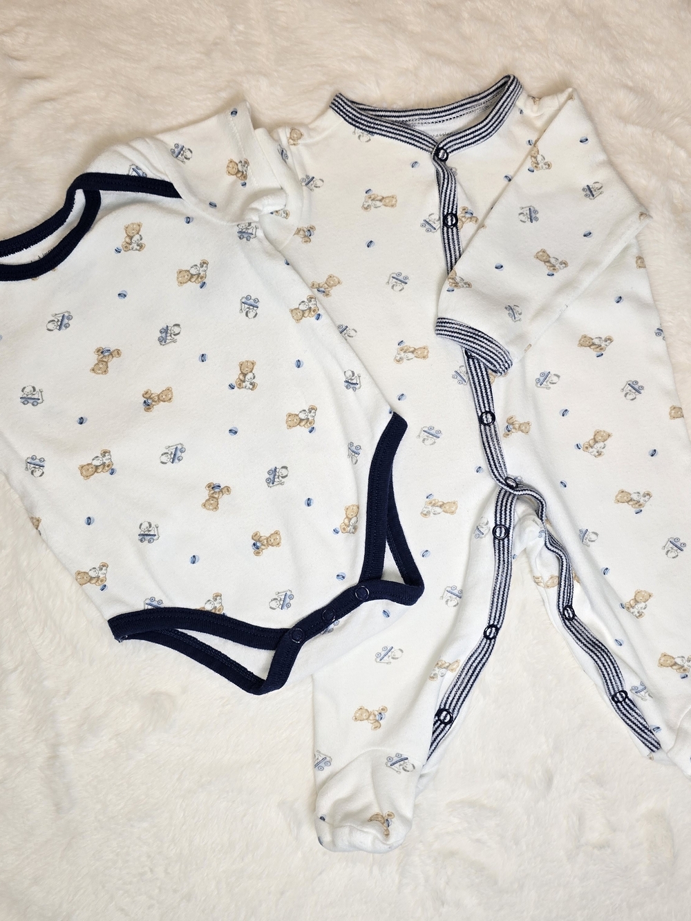 First Impressions White and Navy Teddy Bear One-Piece & Bodysuit Set